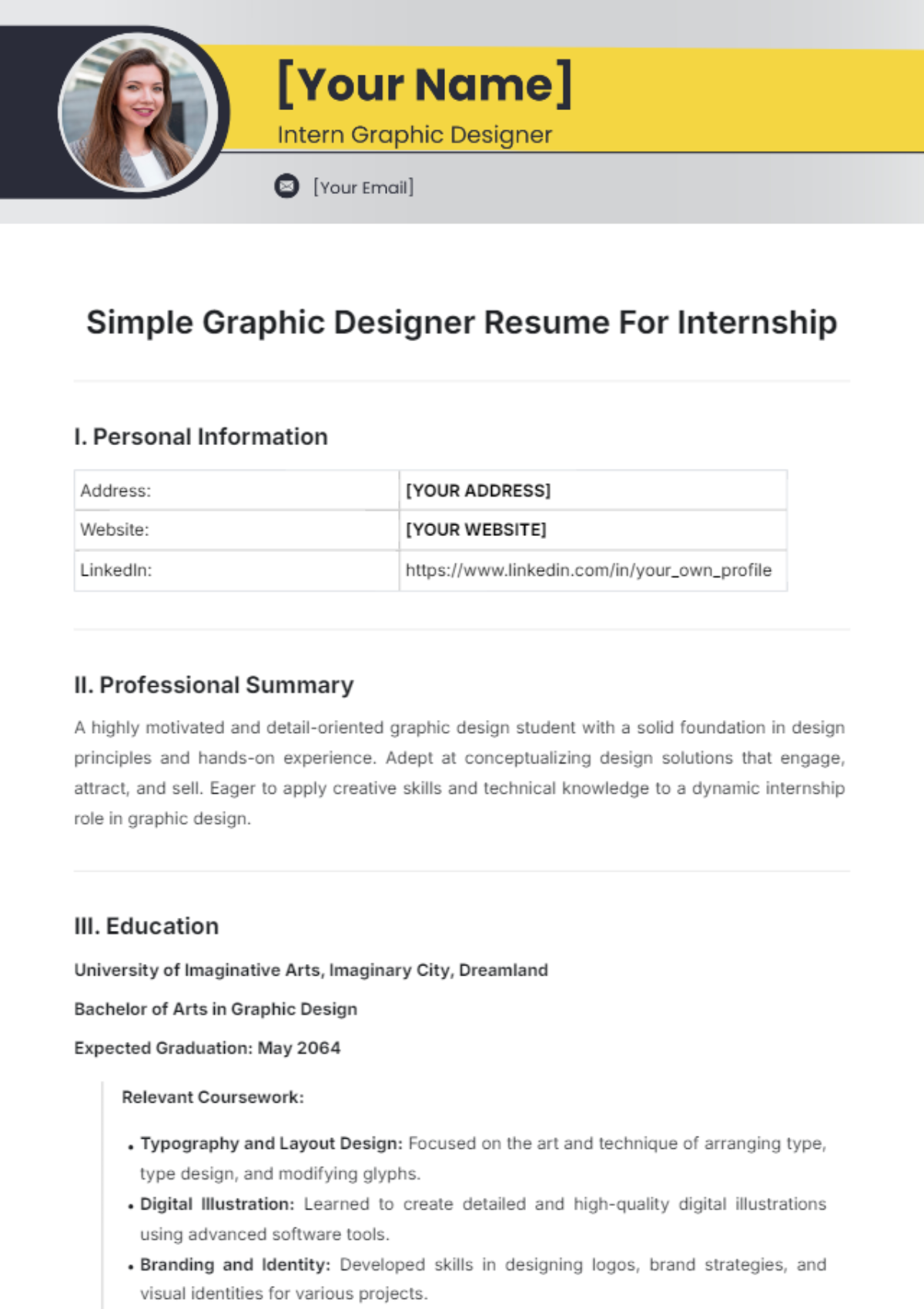 Simple Graphic Designer Resume For Internship Template - Edit Online & Download