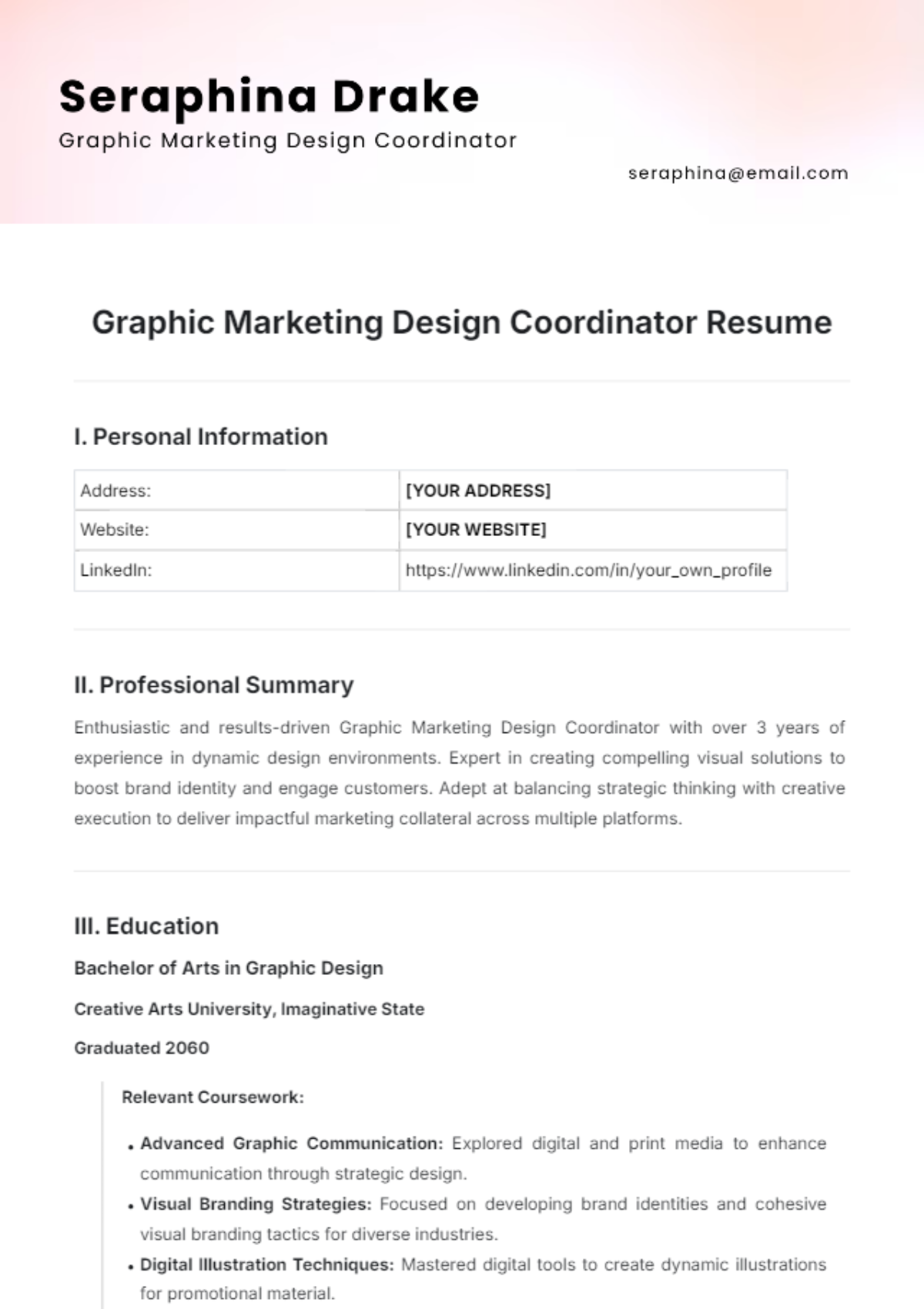 Graphic Marketing Design Coordinator Resume Template - Edit Online & Download