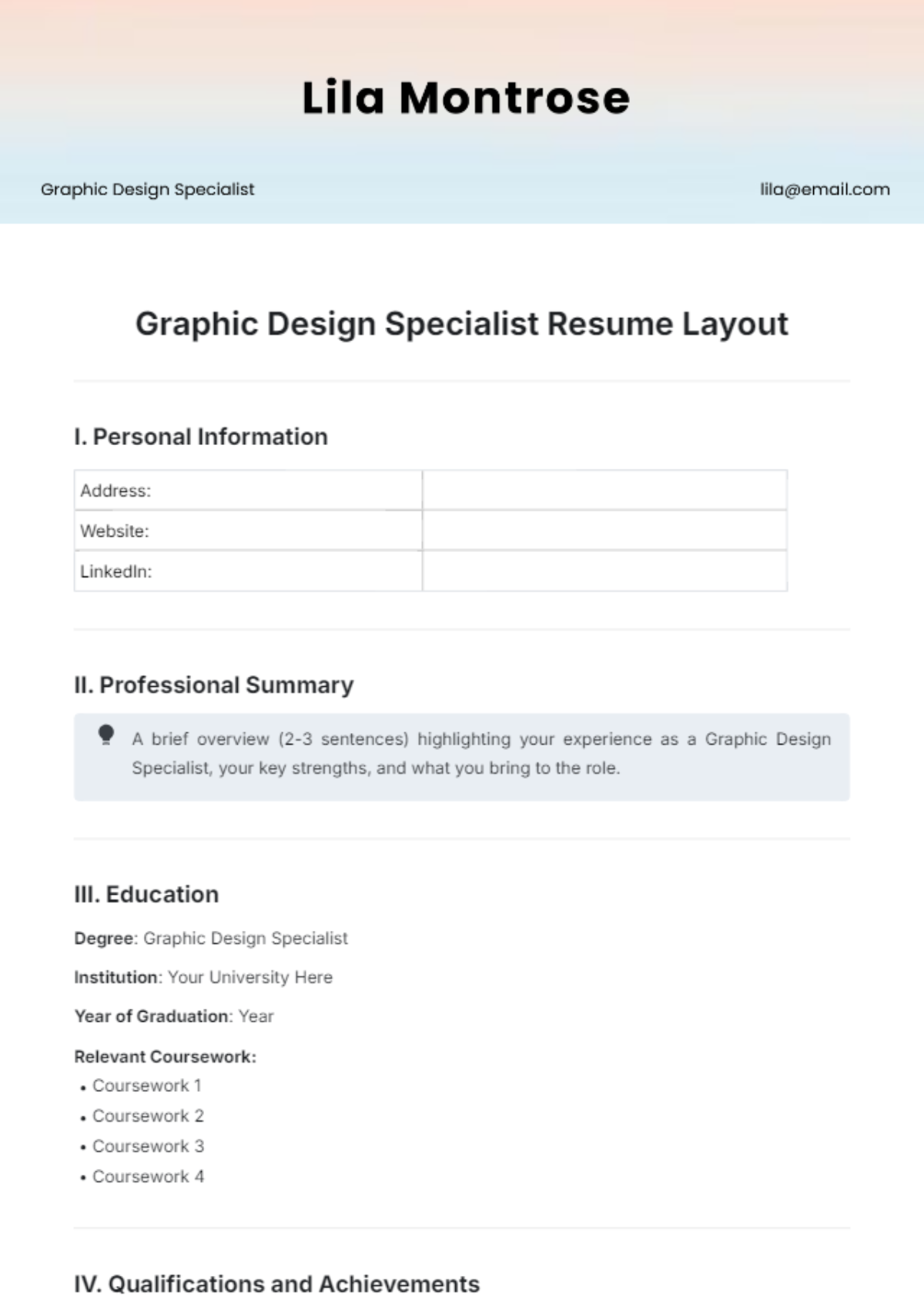 Graphic Design Specialist Resume Layout Template - Edit Online & Download