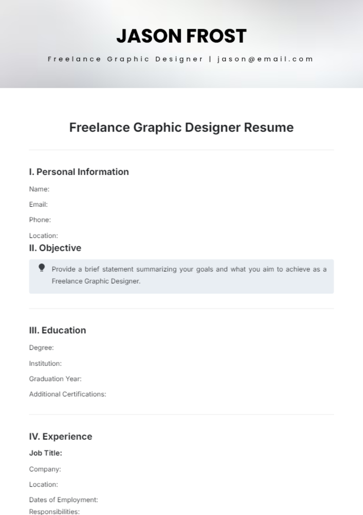 Blank Freelance Graphic Designer Resume Template - Edit Online & Download