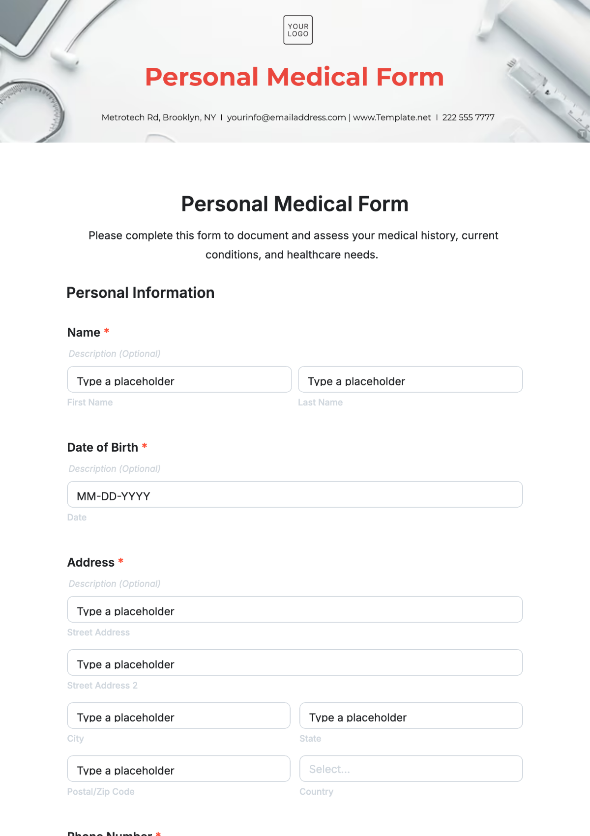 Personal Medical Form Template - Edit Online & Download