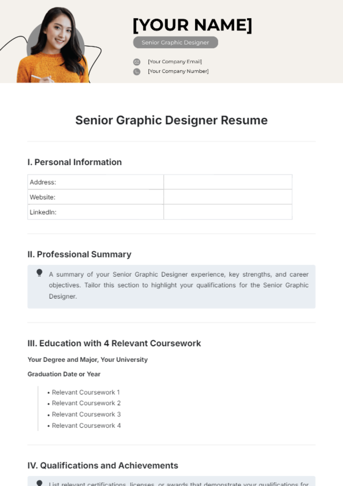 Senior Graphic Designer Resume Outline Template - Edit Online & Download