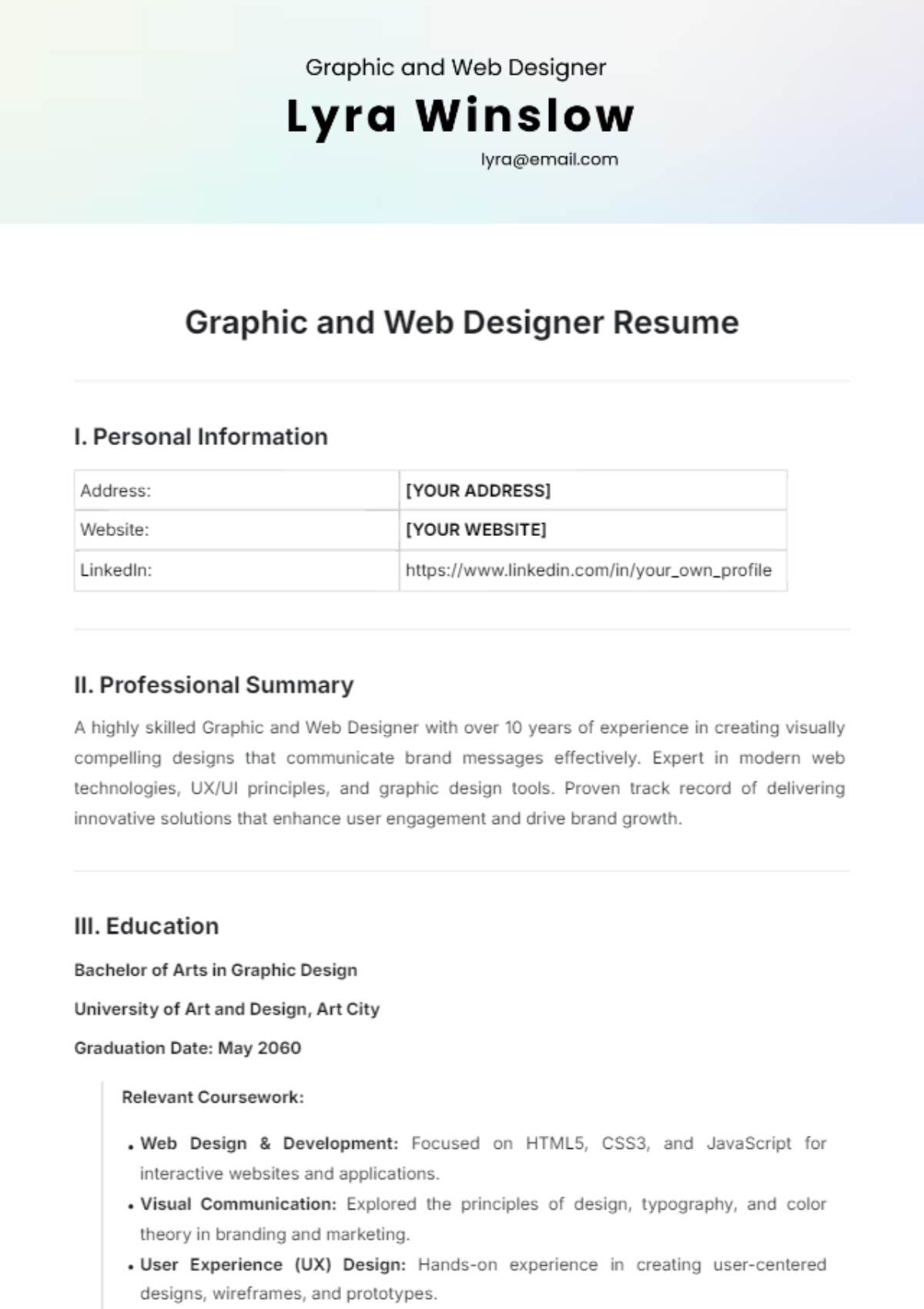 Graphic and Web Designer Resume Template - Edit Online & Download