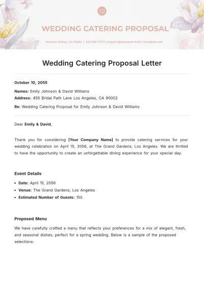 Free Wedding Catering Proposal Letter Template to Edit Online