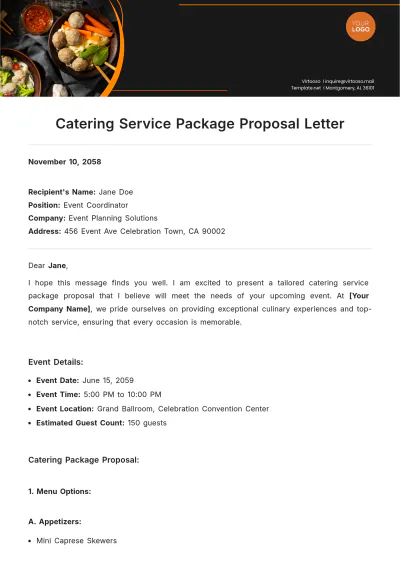 Free Catering Service Package Proposal Letter Template to Edit Online