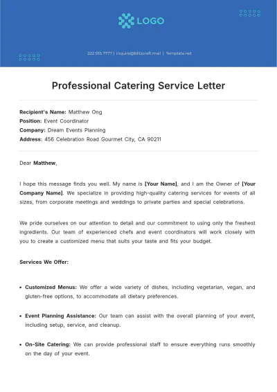 Free Professional Catering Service Letter Template to Edit Online