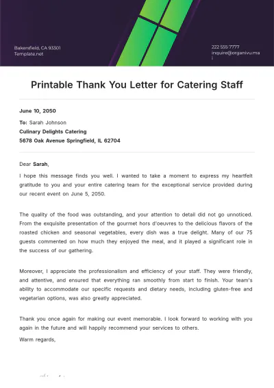 Free Printable Thank You Letter for Catering Staff Template to Edit Online