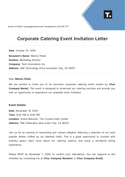Free Corporate Catering Event Invitation Letter Template to Edit Online