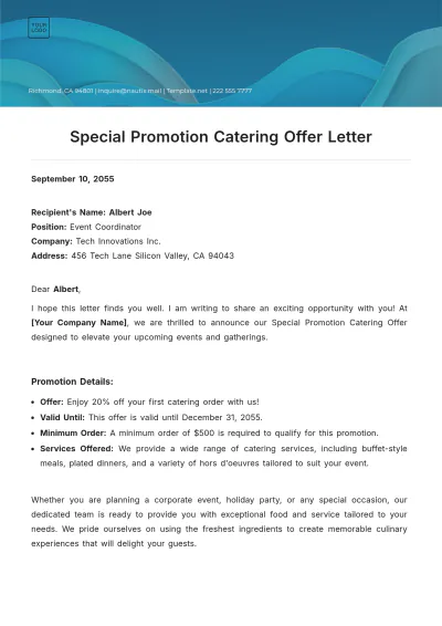 Free Special Promotion Catering Offer Letter Template to Edit Online