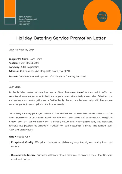 Free Holiday Catering Service Promotion Letter Template to Edit Online