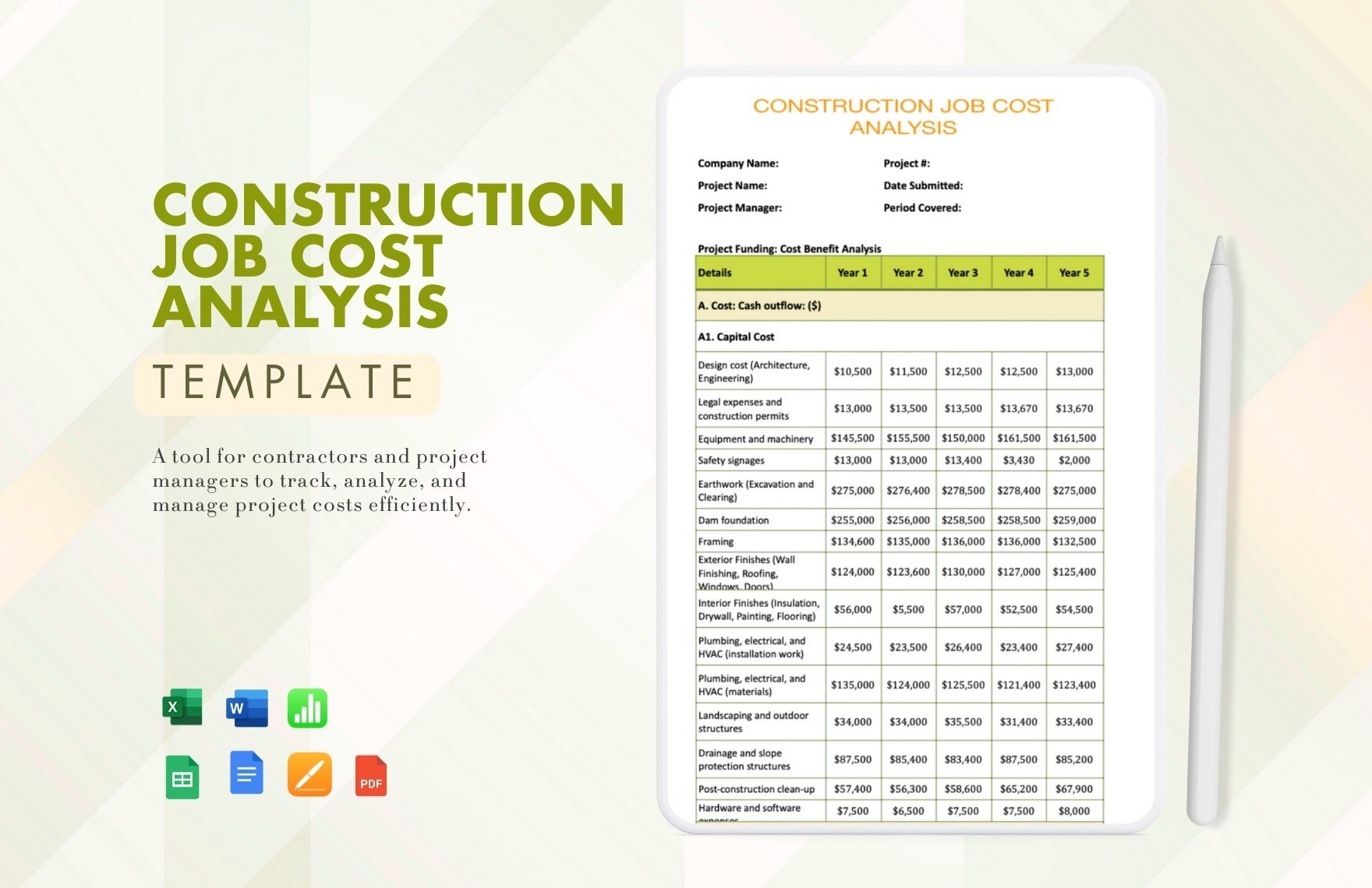 Free Construction Job Cost Analysis Template in Word, Google Docs, Excel, PDF, Google Sheets, Apple Pages, Apple Numbers
