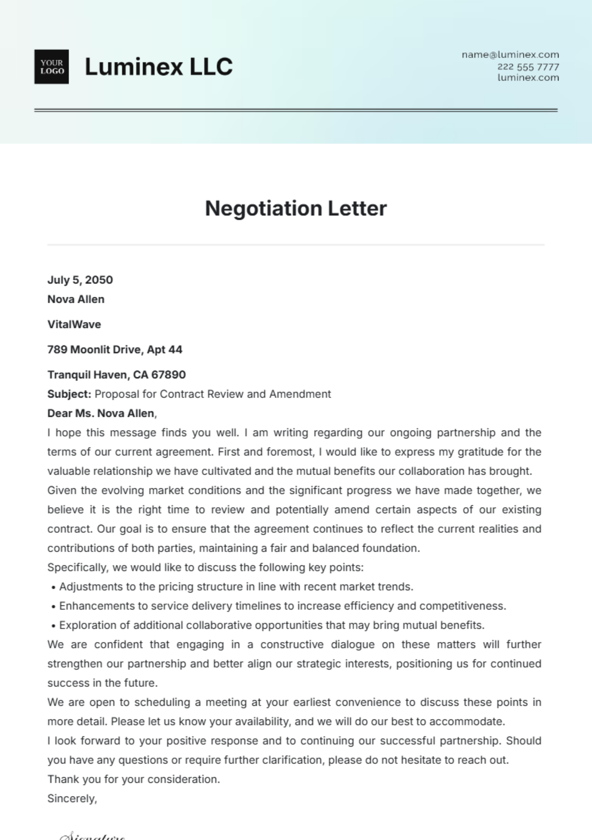 Negotiation Letter Template - Edit Online & Download