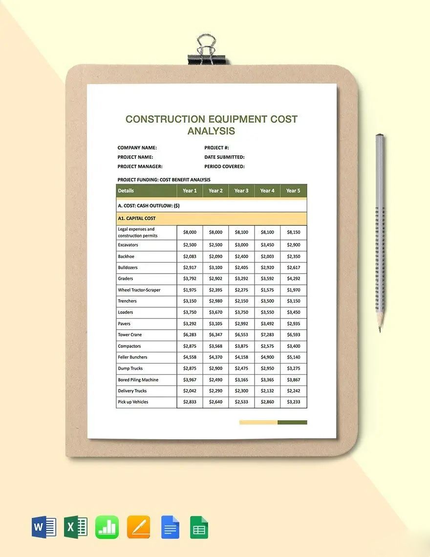 Construction Equipment Cost Analysis Template