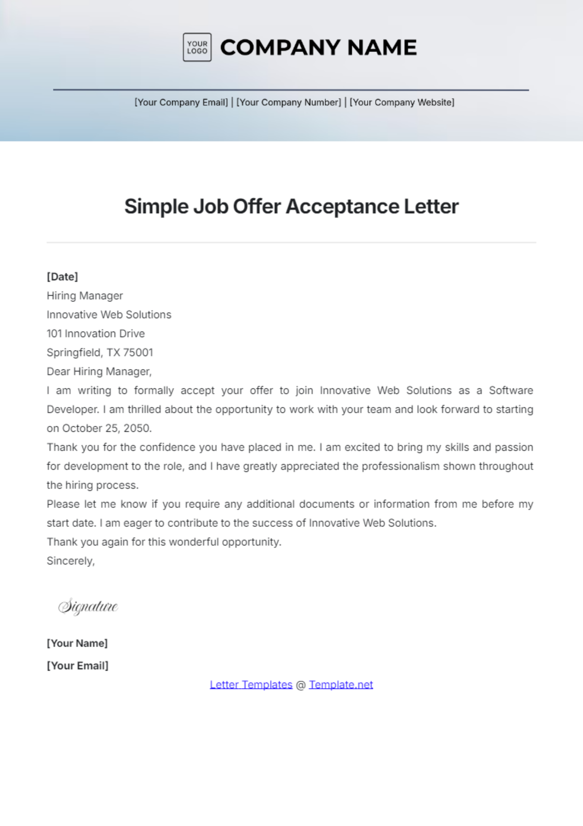 Simple Job Offer Acceptance Letter Template - Edit Online & Download