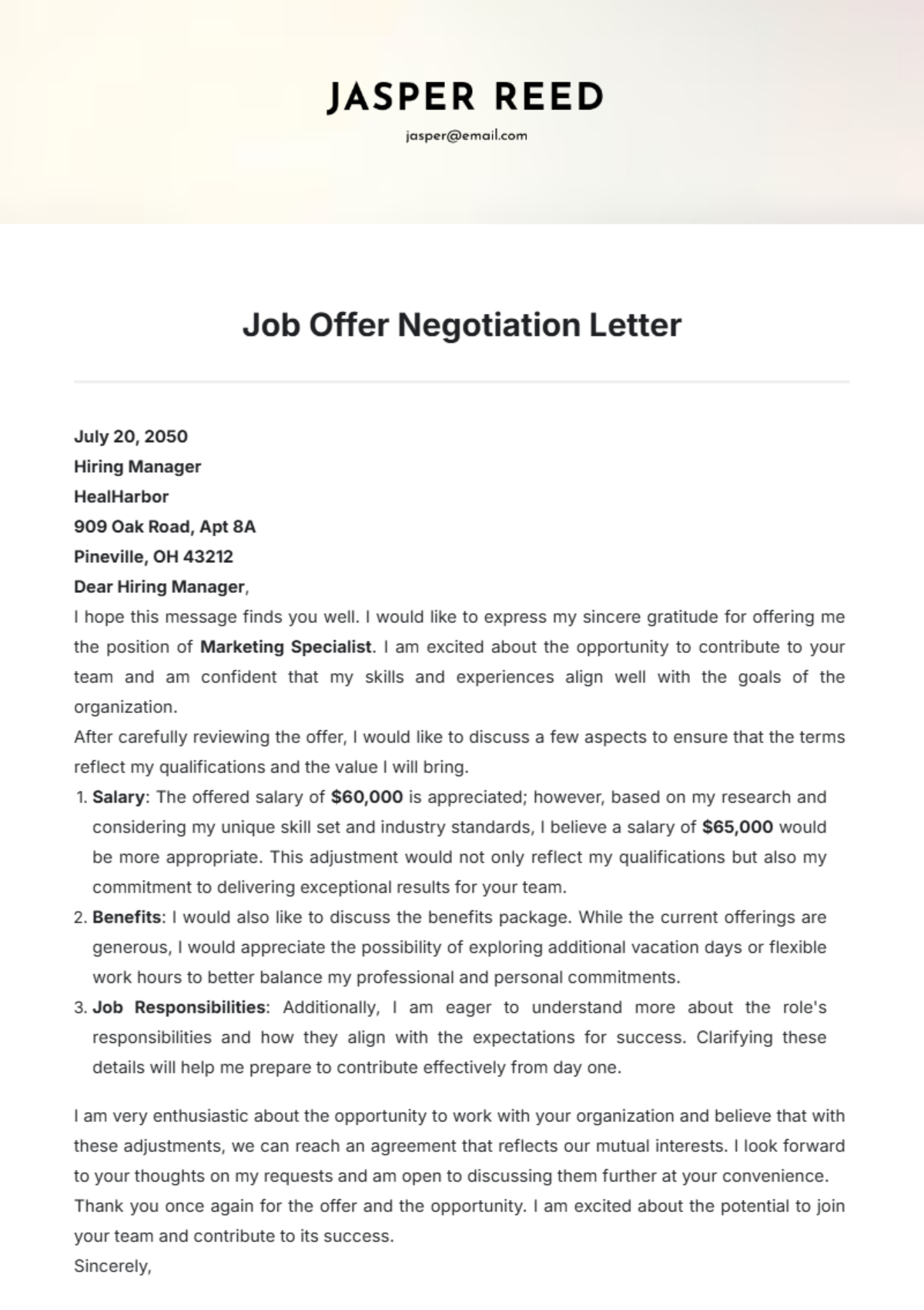 Job Offer Negotiation Letter Template - Edit Online & Download