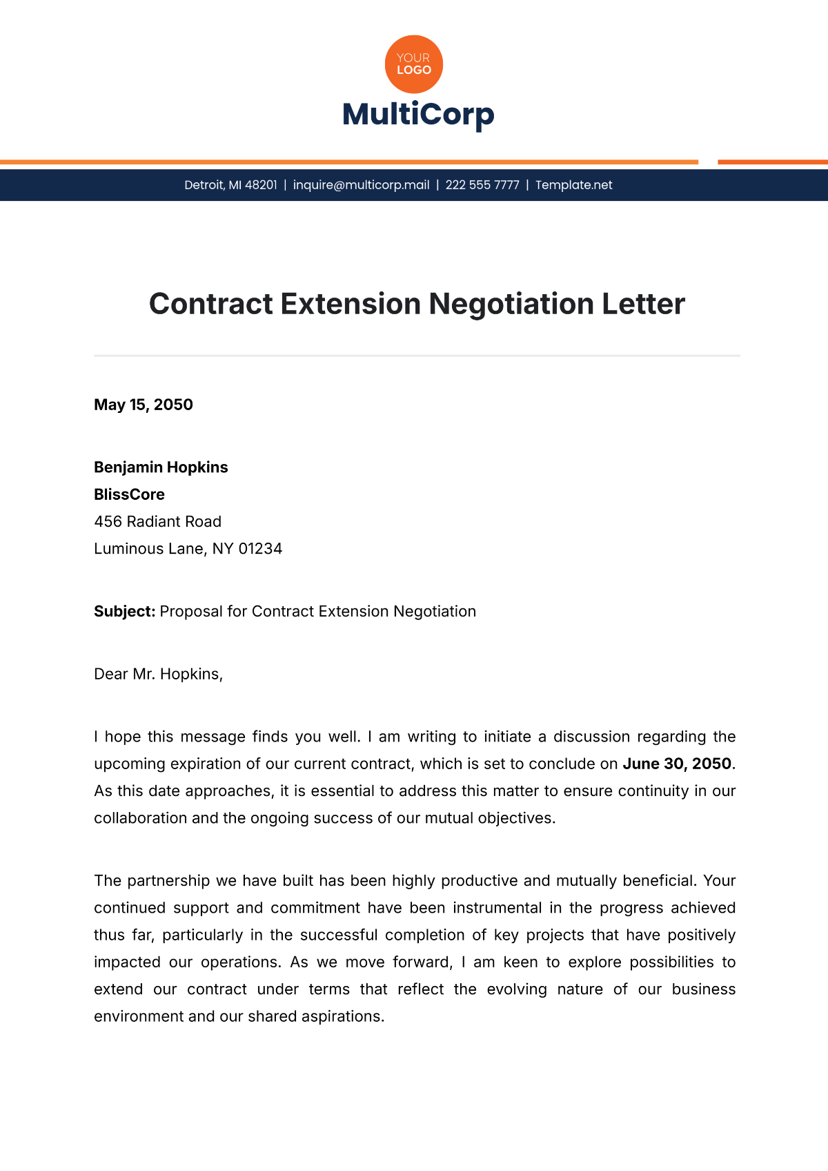 Contract Extension Negotiation Letter Template - Edit Online & Download