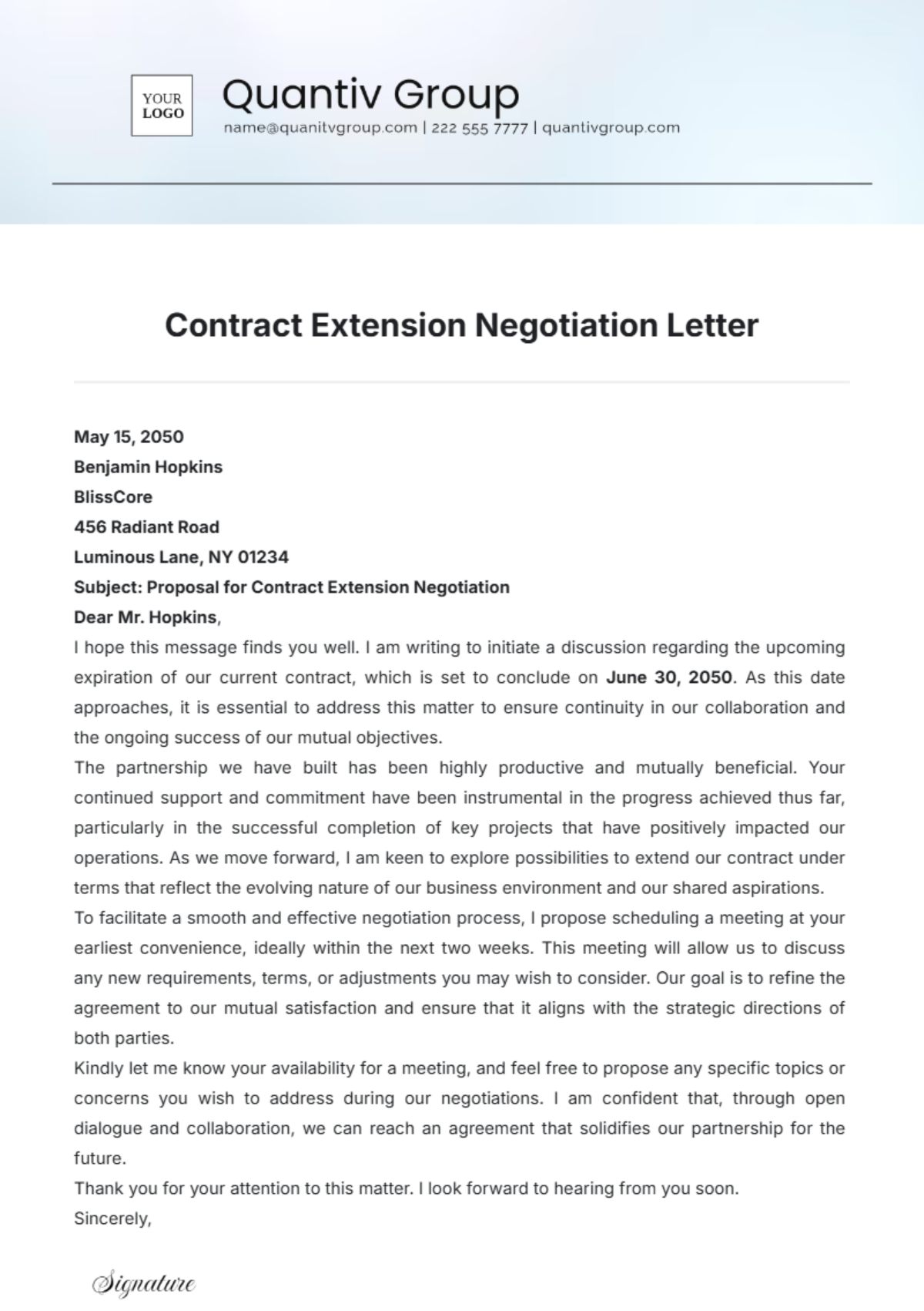 Contract Extension Negotiation Letter Template - Edit Online & Download