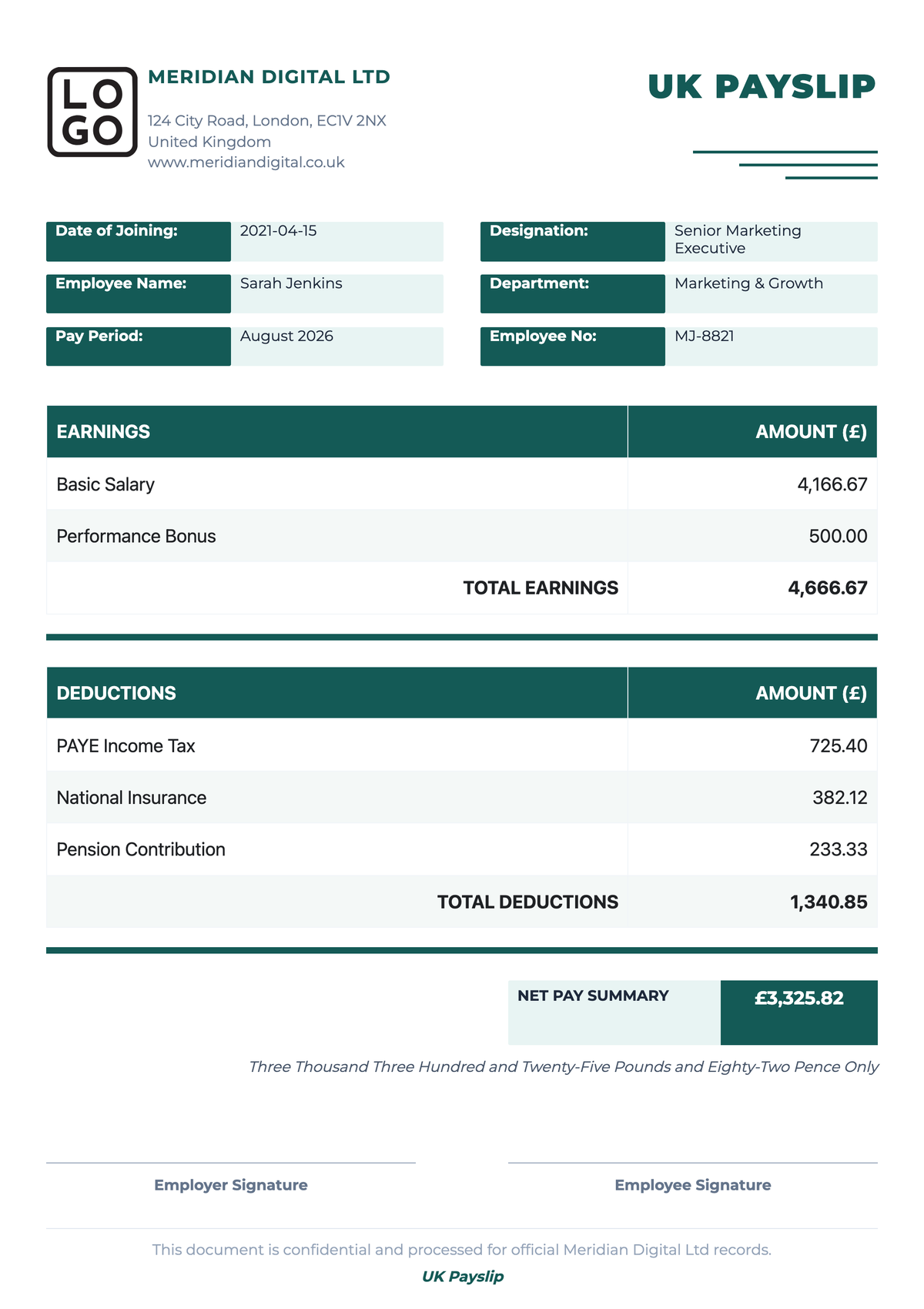 Free UK Payslip Template To Edit Online