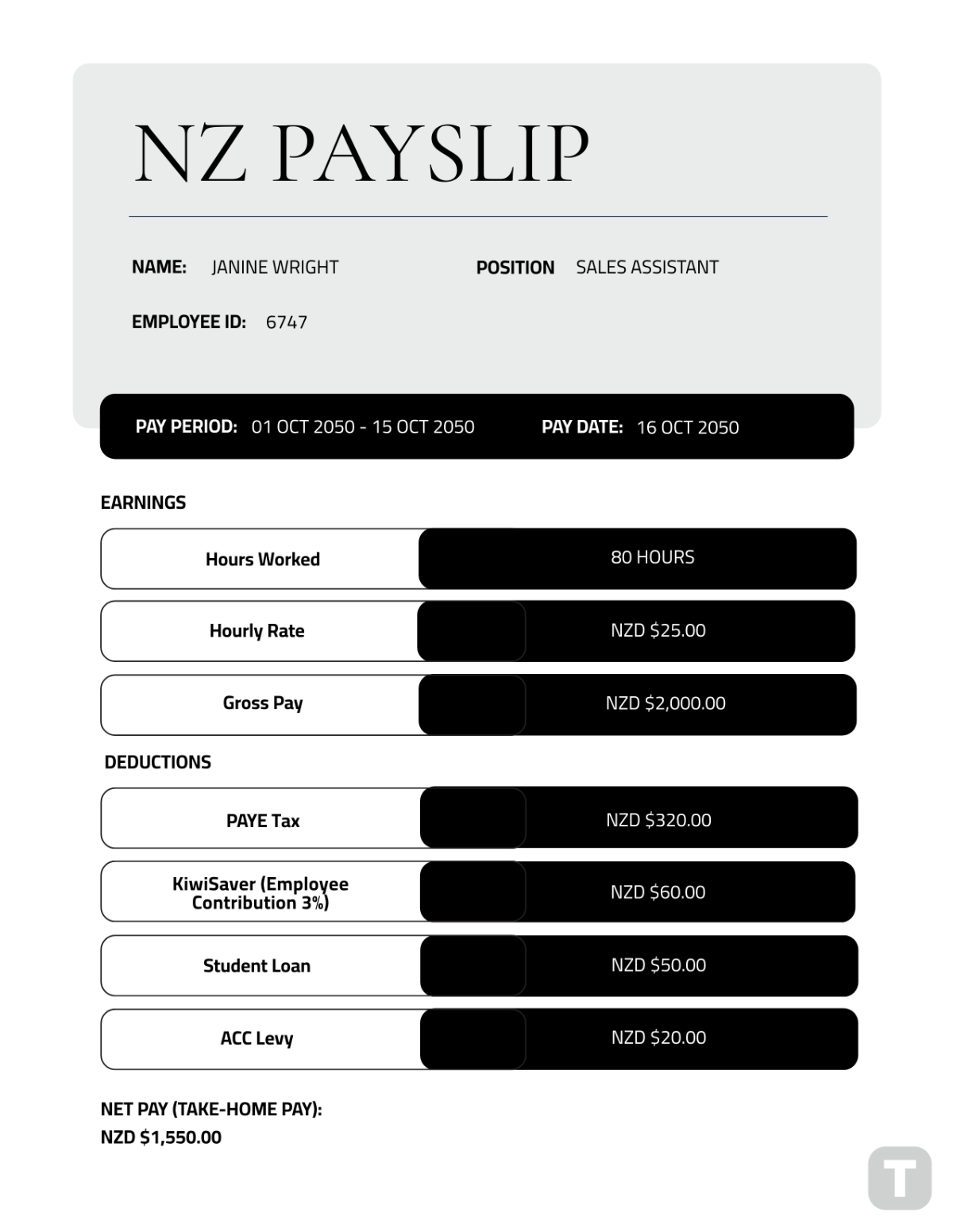 NZ Payslip Template - Edit Online & Download