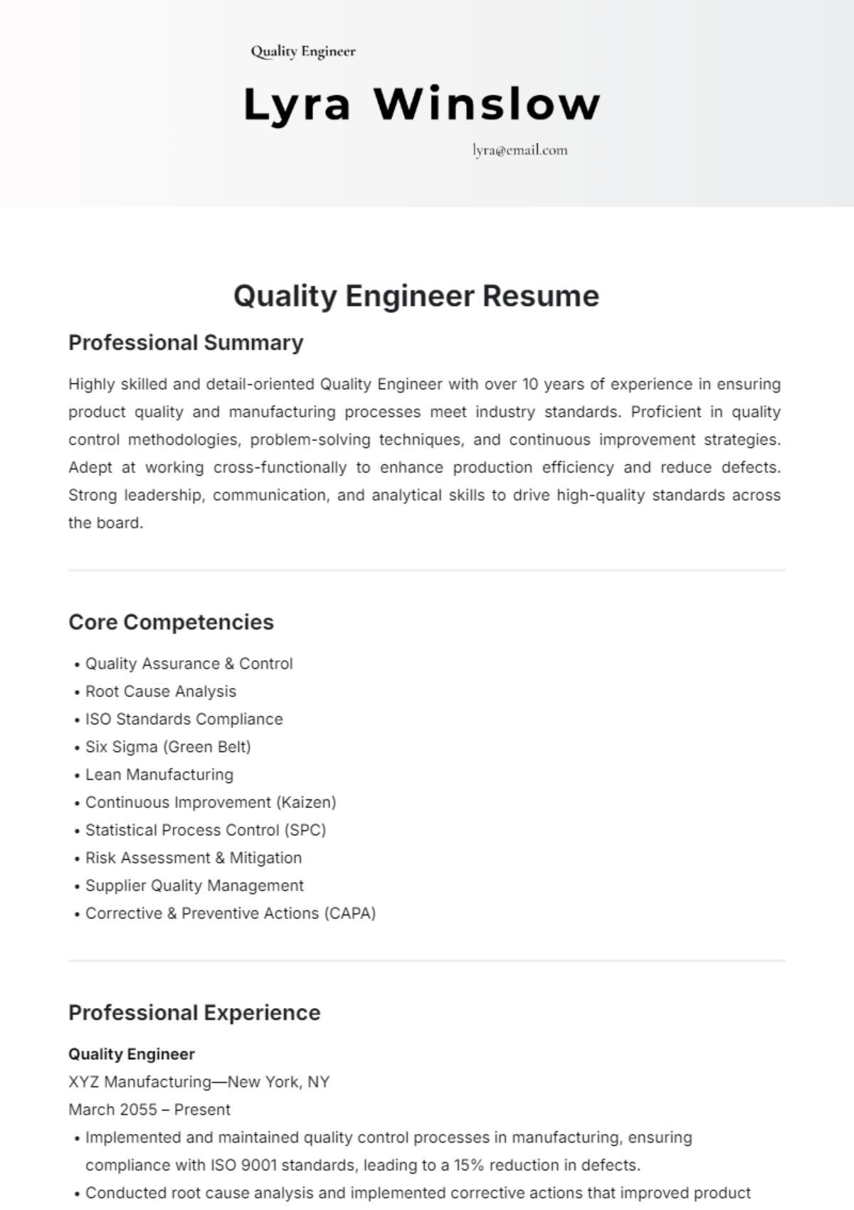 Quality Engineer Resume Template - Edit Online & Download