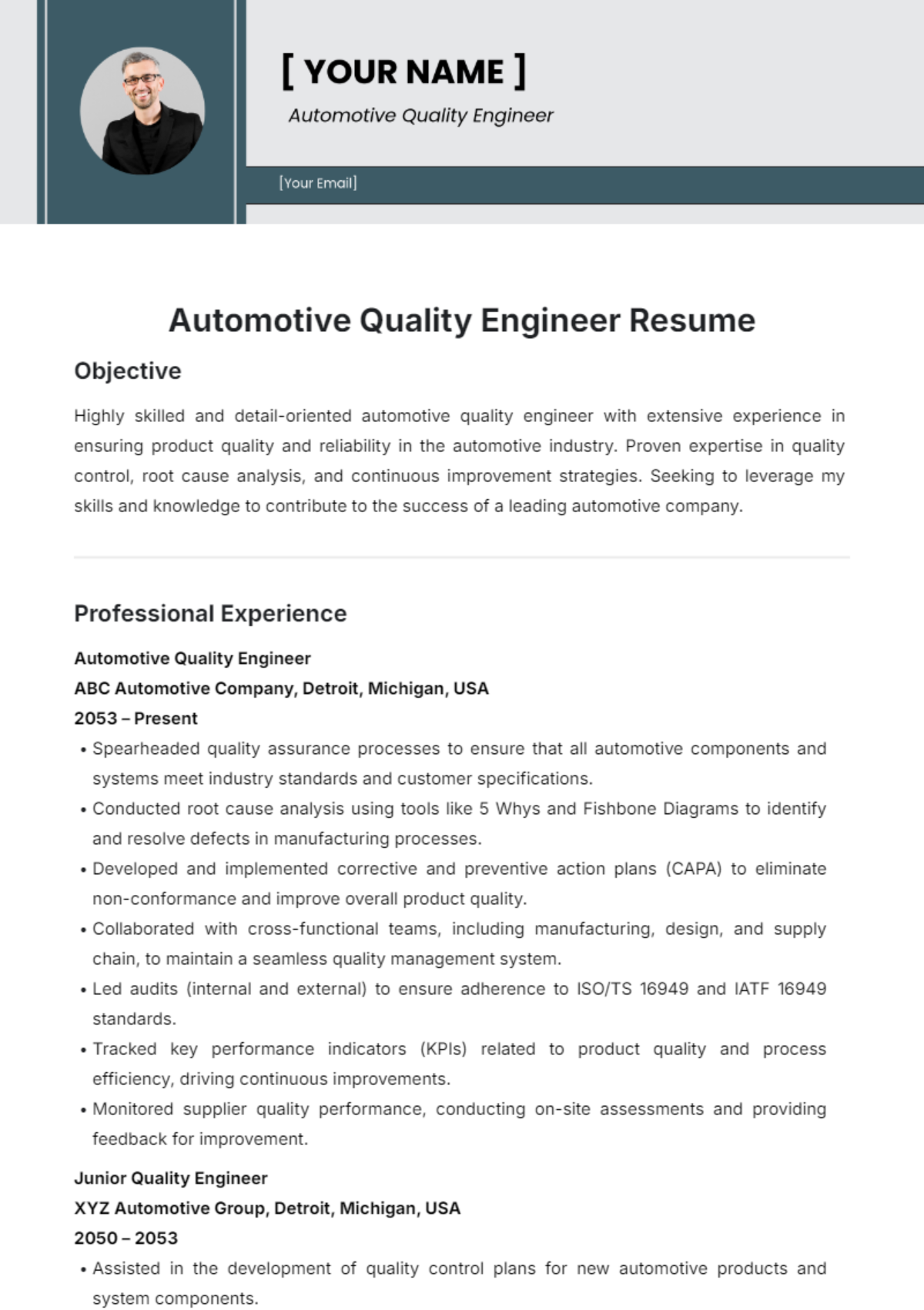 Automotive Quality Engineer Resume Template - Edit Online & Download