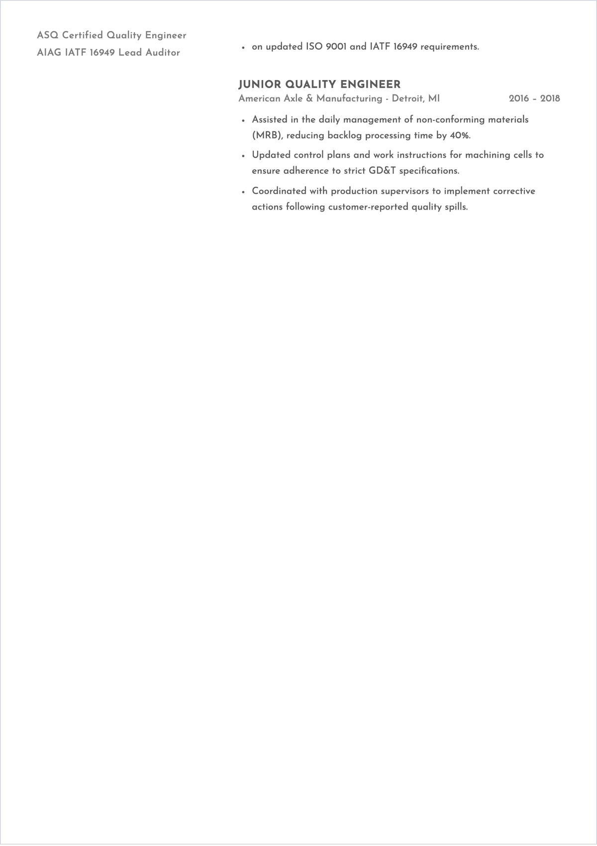 Free Automotive Quality Engineer ATS Resume Template