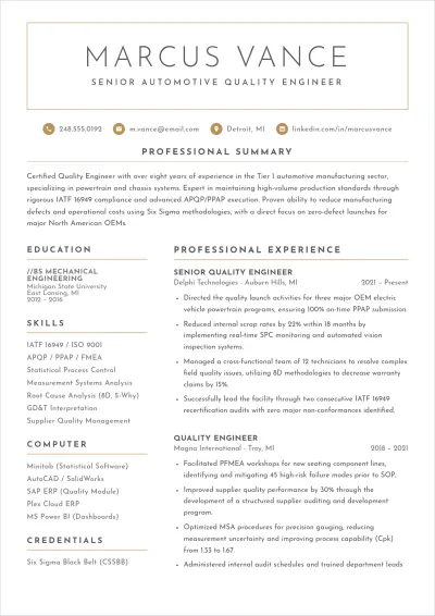 Free Automotive Quality Engineer ATS Resume Template