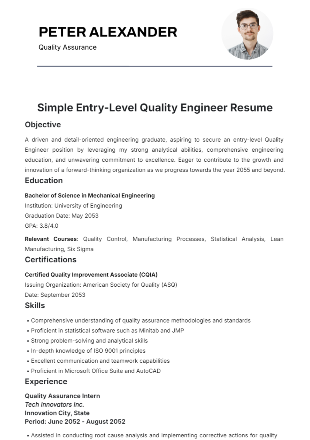 Simple Entry-Level Quality Engineer Resume Template - Edit Online & Download