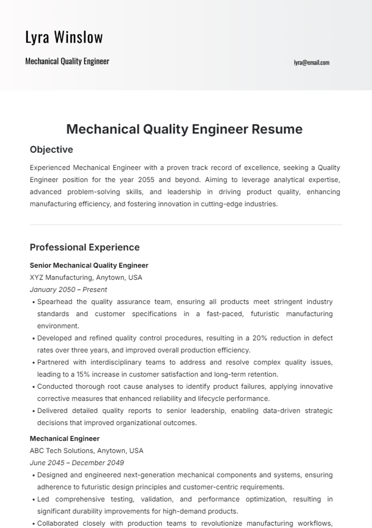 Mechanical Quality Engineer Resume Template - Edit Online & Download