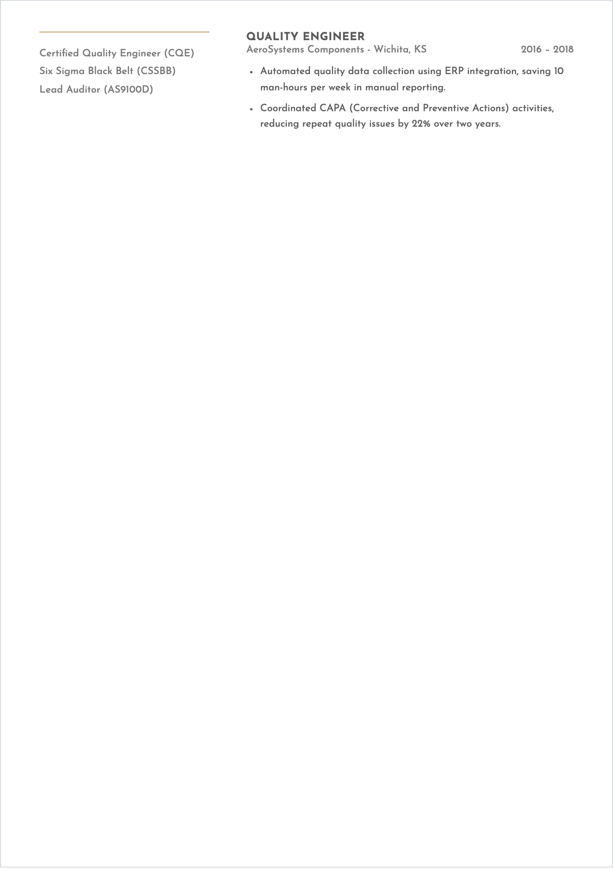 Free Manufacturing Quality Engineer ATS Resume Template