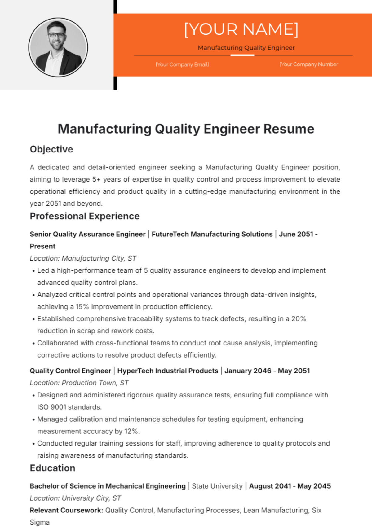 Manufacturing Quality Engineer Resume Template - Edit Online & Download