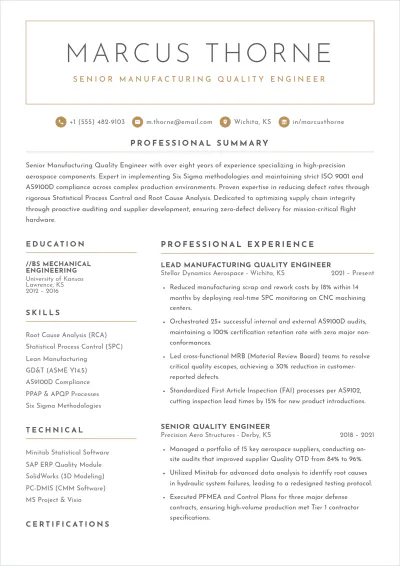 Free Manufacturing Quality Engineer ATS Resume Template