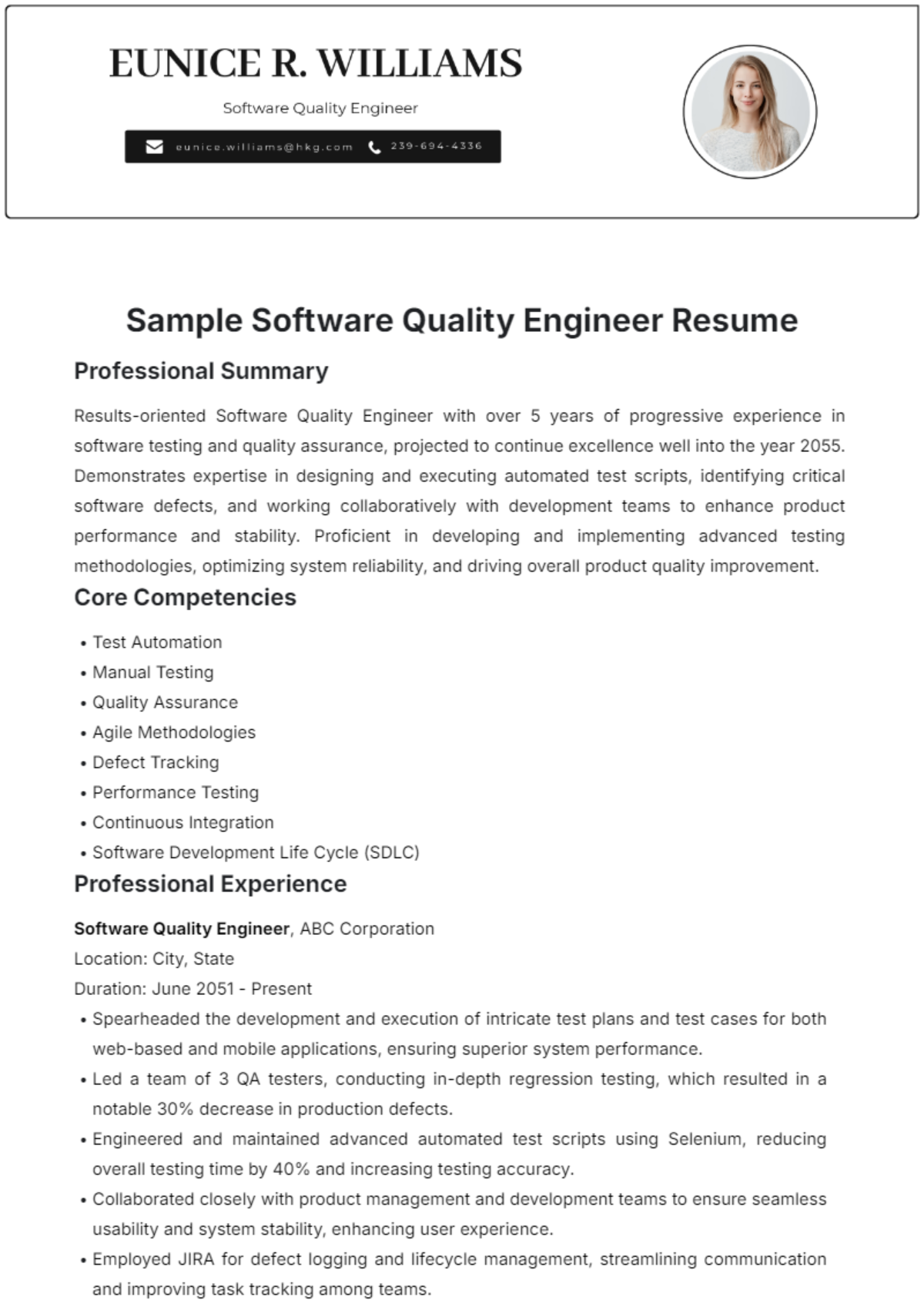 Sample Software Quality Engineer Resume Template - Edit Online & Download