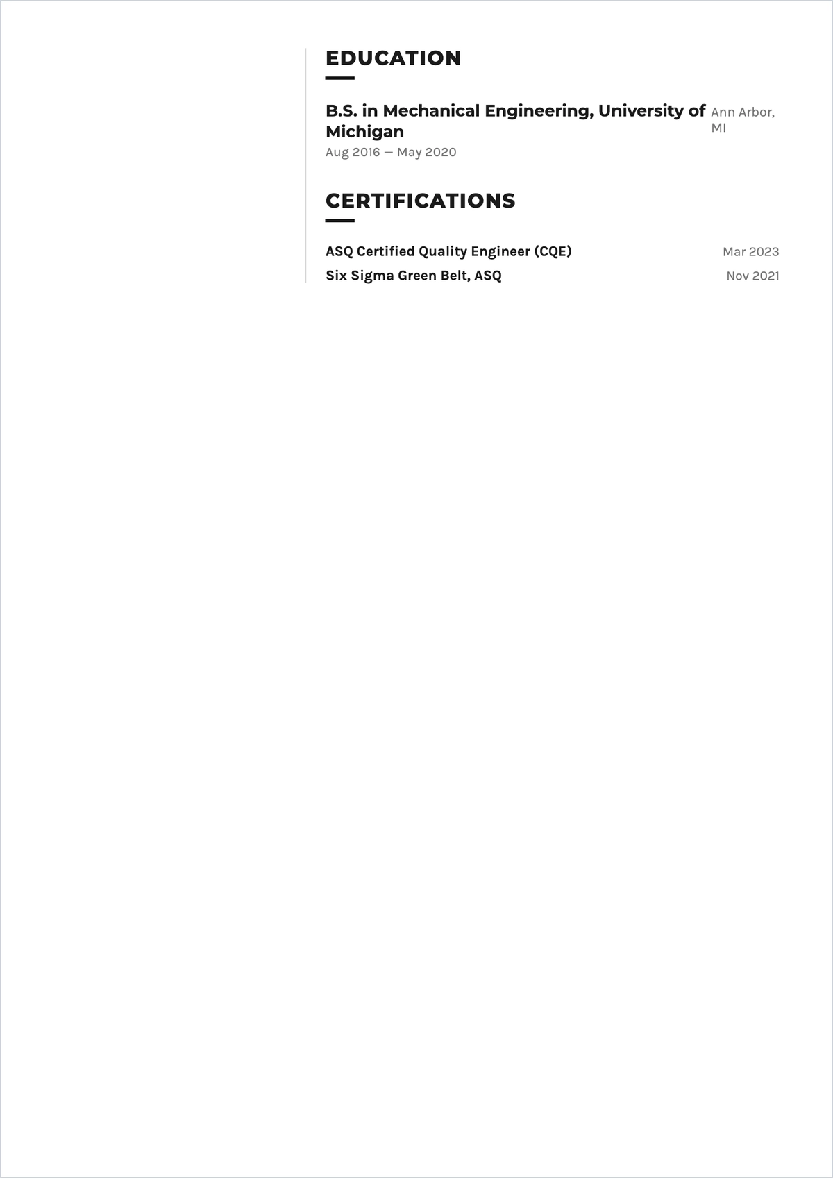 Free Production Quality Engineer ATS Resume Template