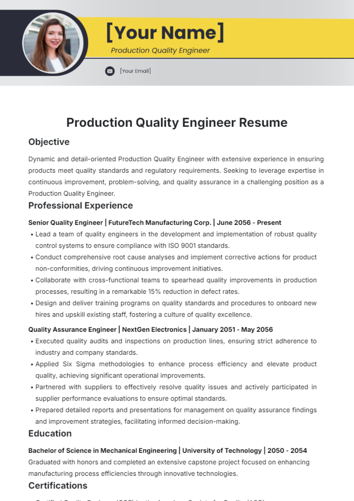 Production Quality Engineer Resume Template - Edit Online & Download