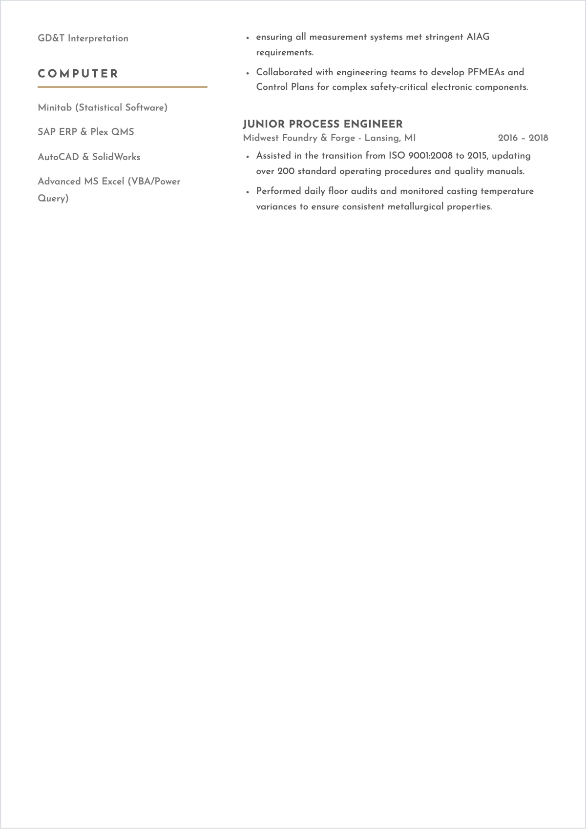 Free Operational Quality Engineer ATS Resume Template