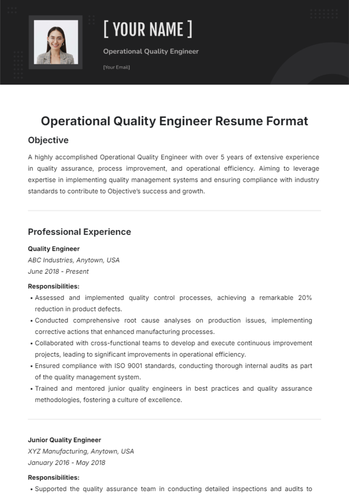 Operational Quality Engineer Resume Format Template - Edit Online & Download