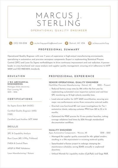 Free Operational Quality Engineer ATS Resume Template