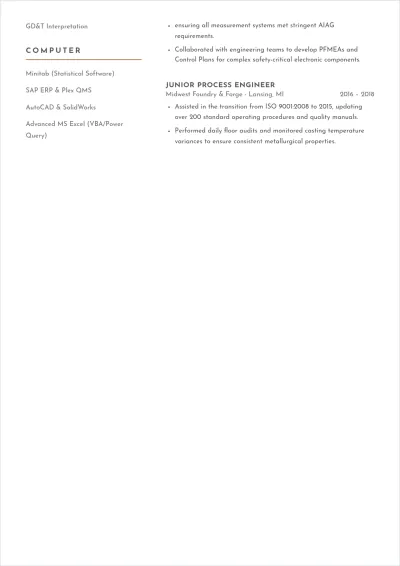 Free Operational Quality Engineer ATS Resume Template