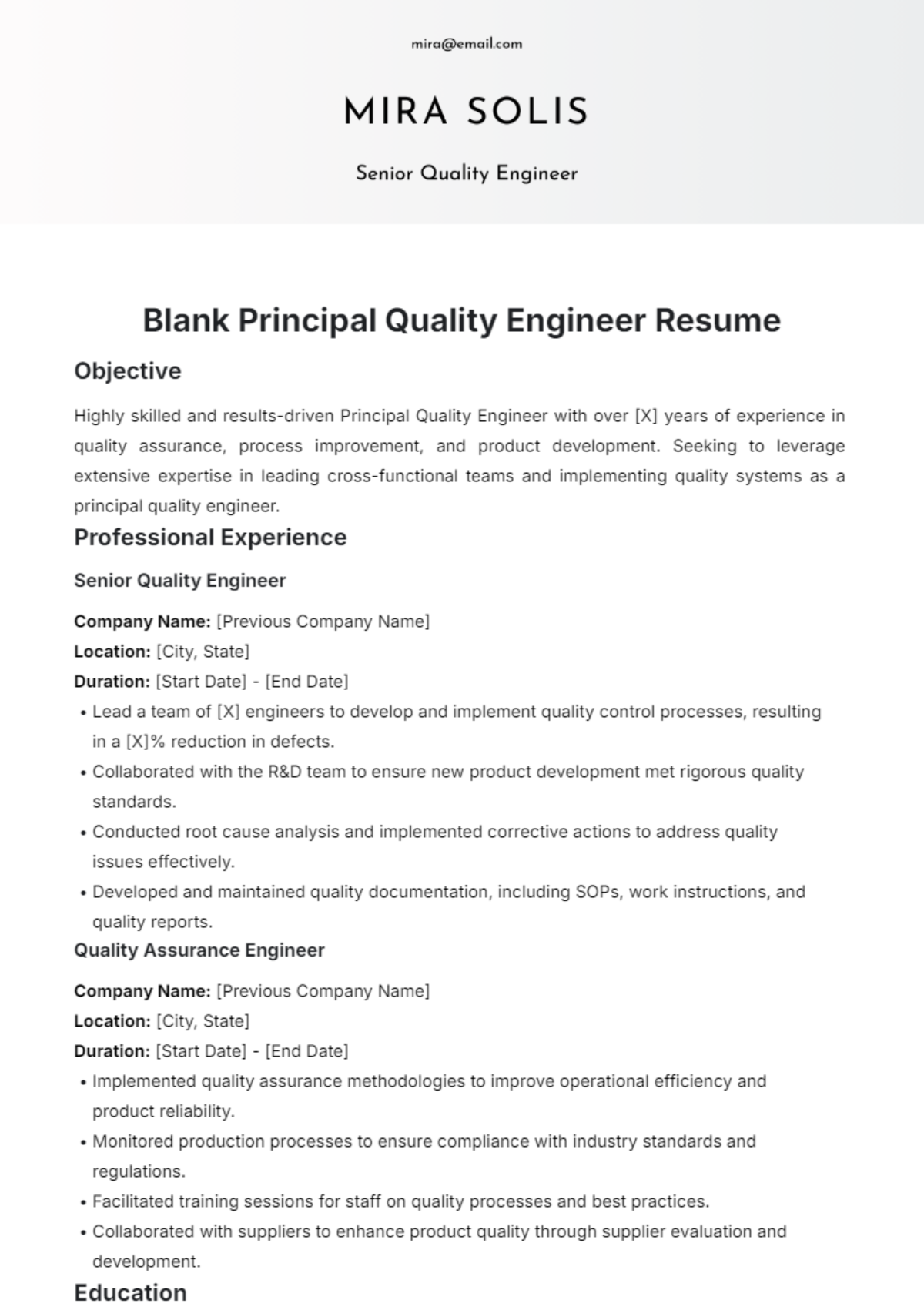 Blank Principal Quality Engineer Resume Template - Edit Online & Download