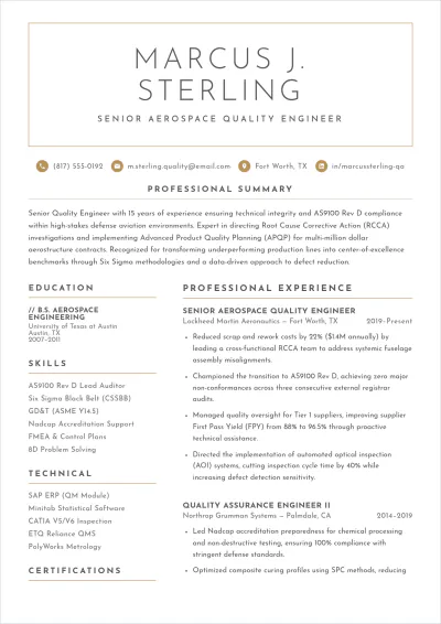 Free Aerospace Quality Engineer ATS Resume Template, AI Resume Builder