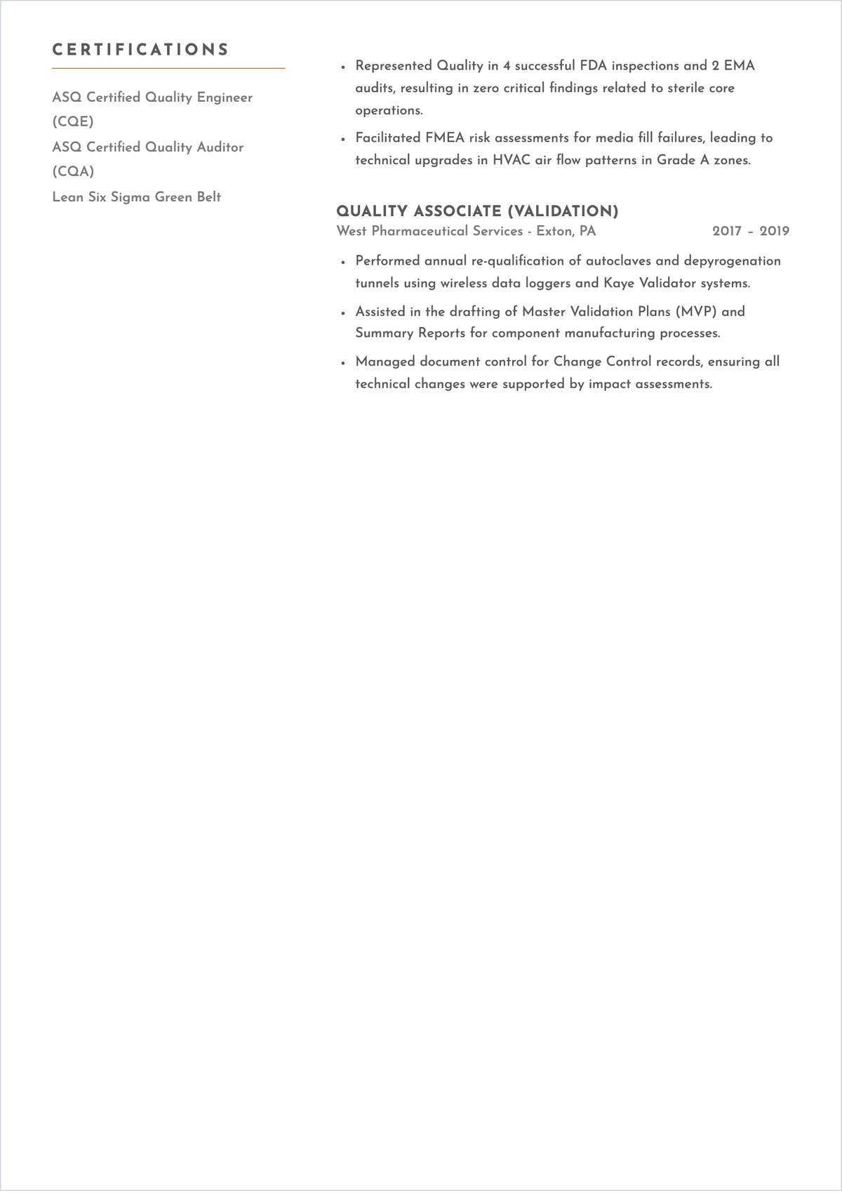Free Pharmaceutical Quality Engineer ATS Resume Template