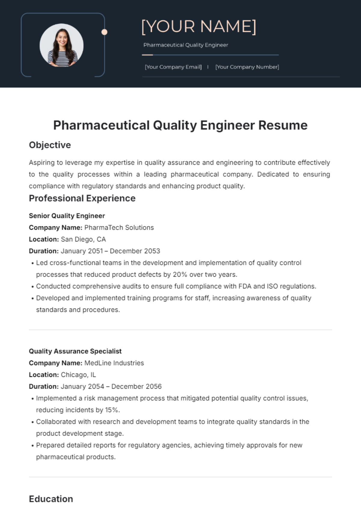 Pharmaceutical Quality Engineer Resume Template - Edit Online & Download