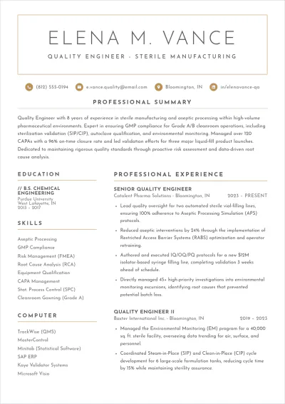Free Pharmaceutical Quality Engineer ATS Resume Template