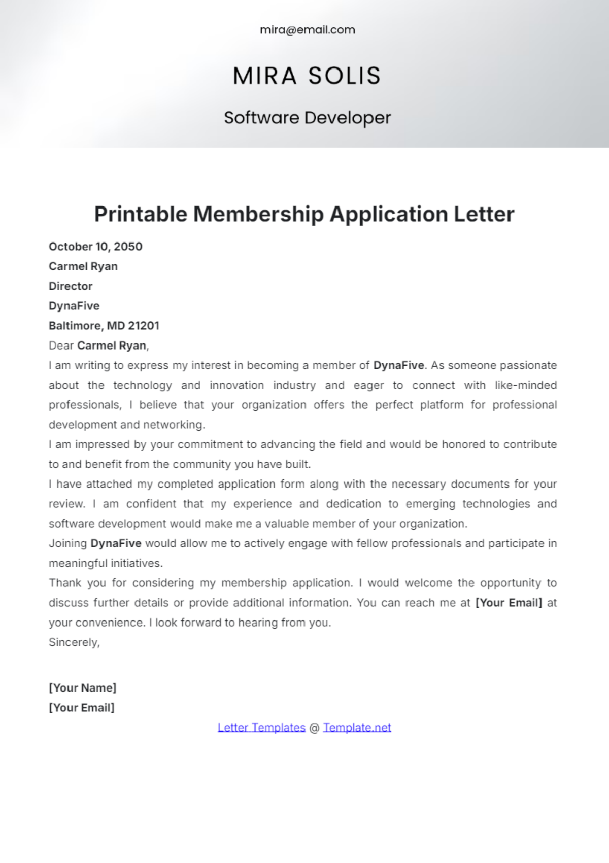 Printable Membership Application Letter Template - Edit Online & Download