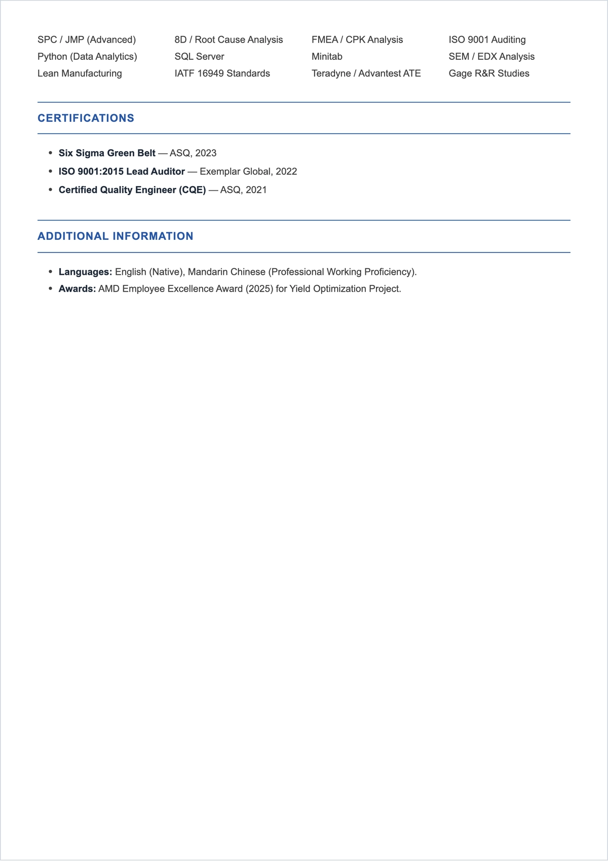 Free Electrical Quality Engineer ATS Resume Layout Template