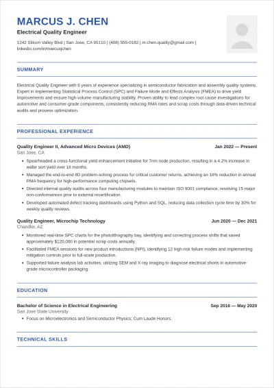 Free Electrical Quality Engineer ATS Resume Layout Template