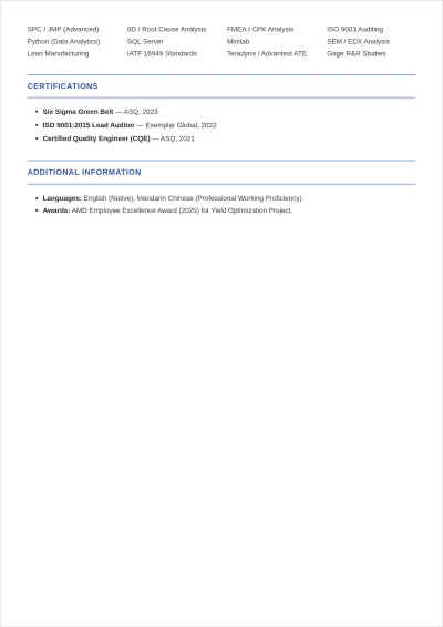 Free Electrical Quality Engineer ATS Resume Layout Template