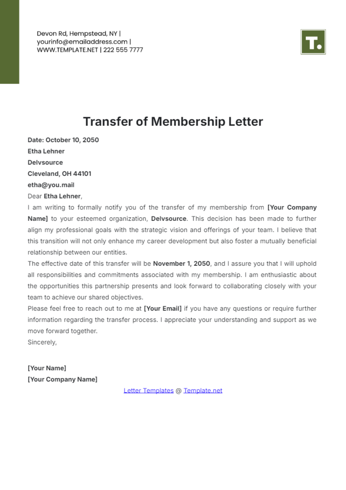 Transfer of Membership Letter Template - Edit Online & Download