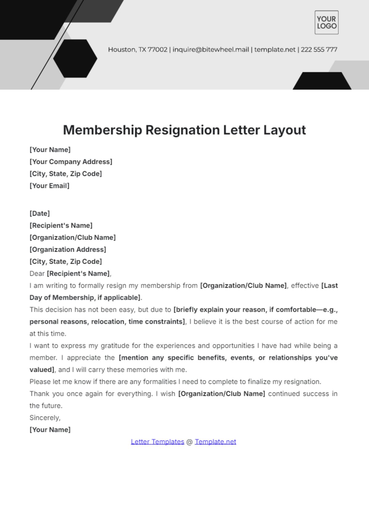 Membership Resignation Letter Layout Template - Edit Online & Download